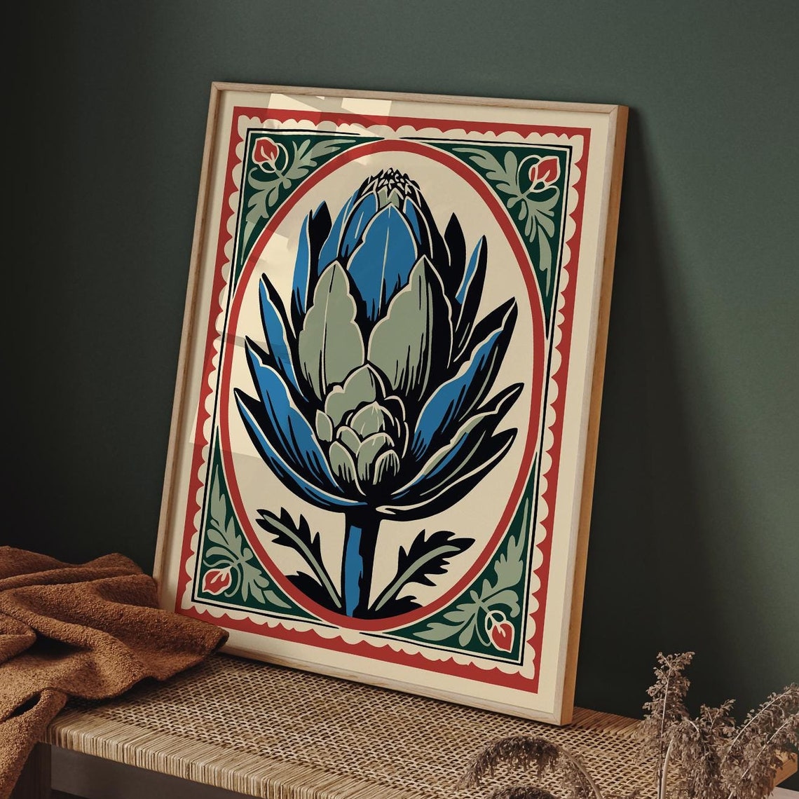 Blue Artichoke Oval Frame Red Green Folk Border Kitchen Poster - Image 6