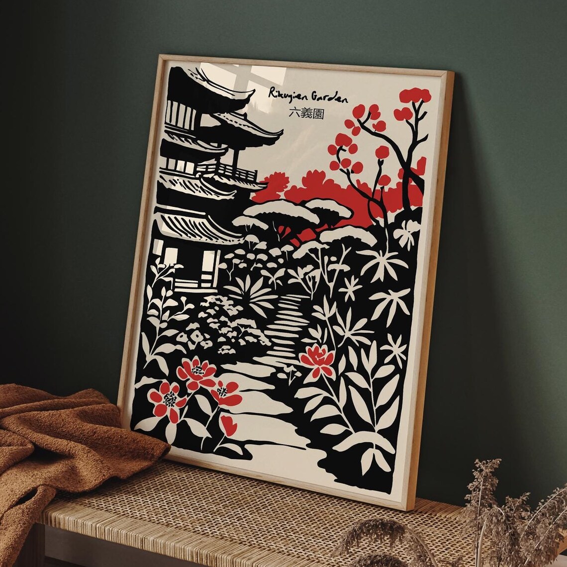 Rikugien Garden Black Ink Japanese Landscape Poster With Pavilion
