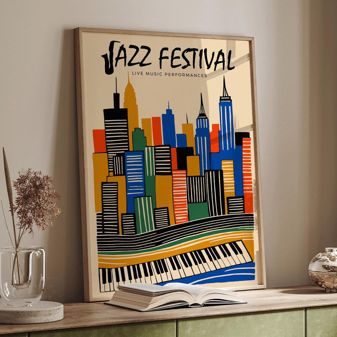 Jazz Festival Live Music Colorful City Skyline Piano Keys Art Poster