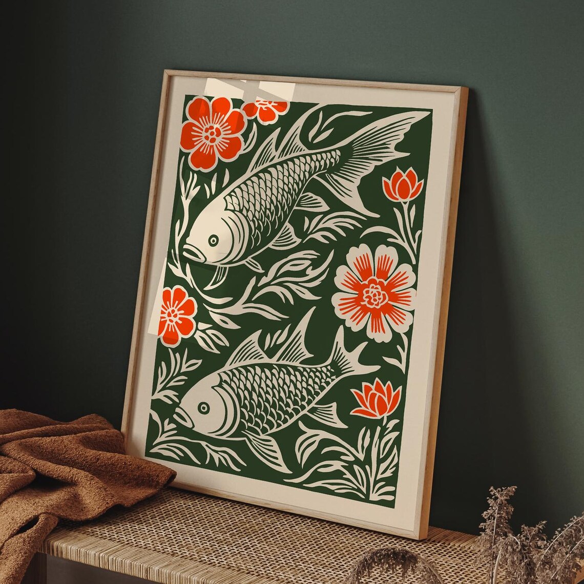 Japanese Koi Fish Pair Red Floral Green Linocut Style Art Poster