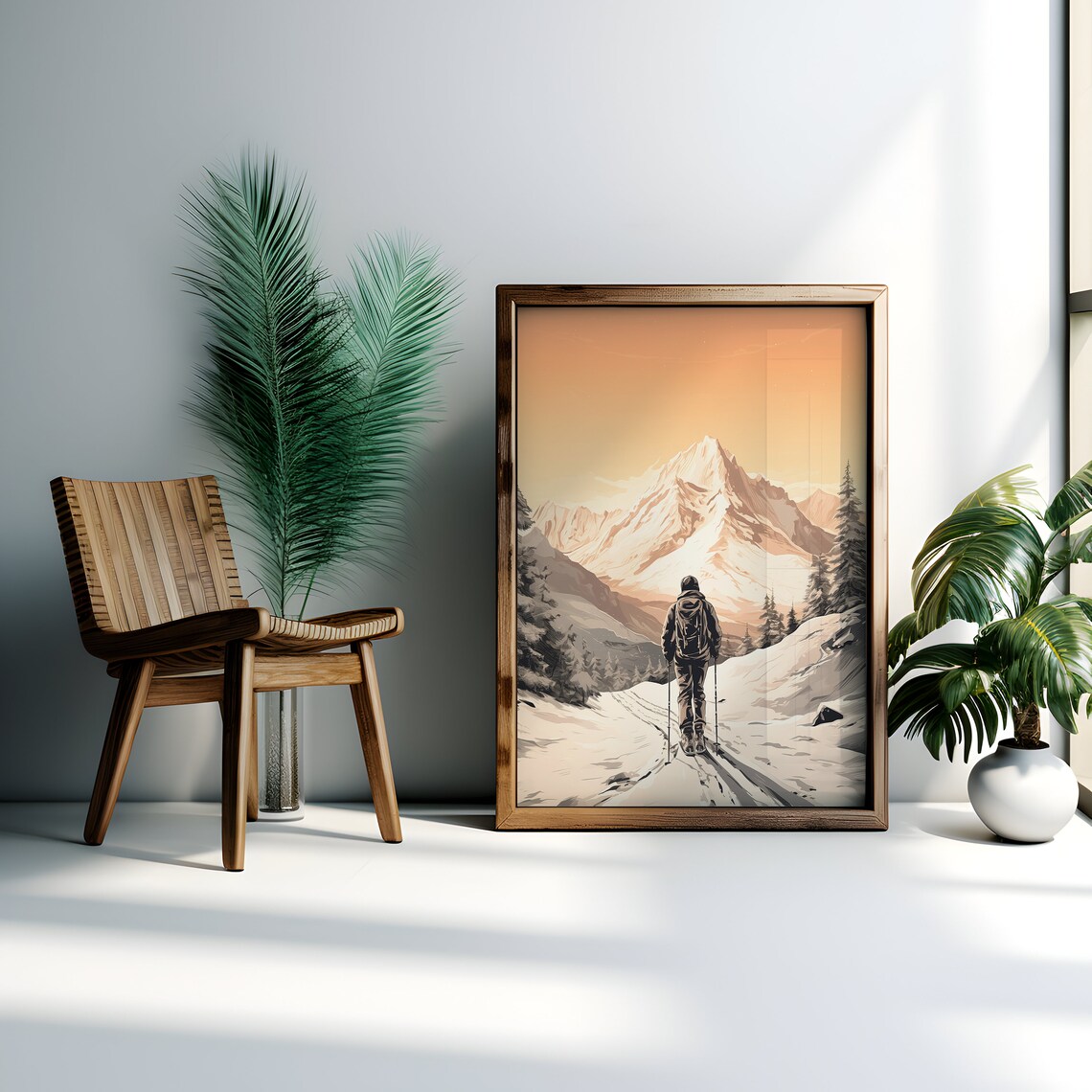 Winter Skier in Snowy Mountains Peach Sky Adventure Travel Poster