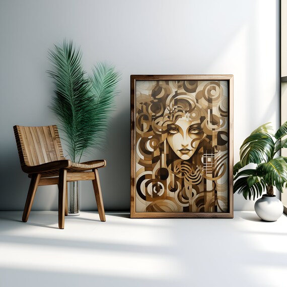 Geometric Woman Face Portrait in Bronze Art Deco Style Poster