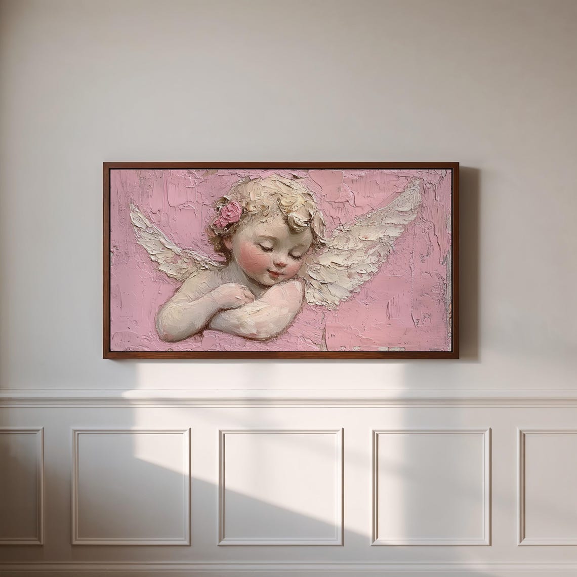 Sleeping Cherub White Wings Pink Impasto Sweet Angel Art Poster - Image 3
