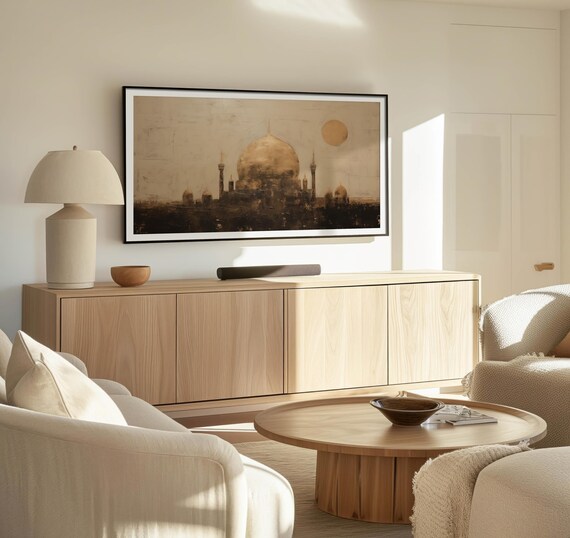 Gold Islamic Mosque Painting Large Textured Abstract Ramadan Wall Art Muslim Home Decor Frame Tv Artwork Mosque Minarets And Dome