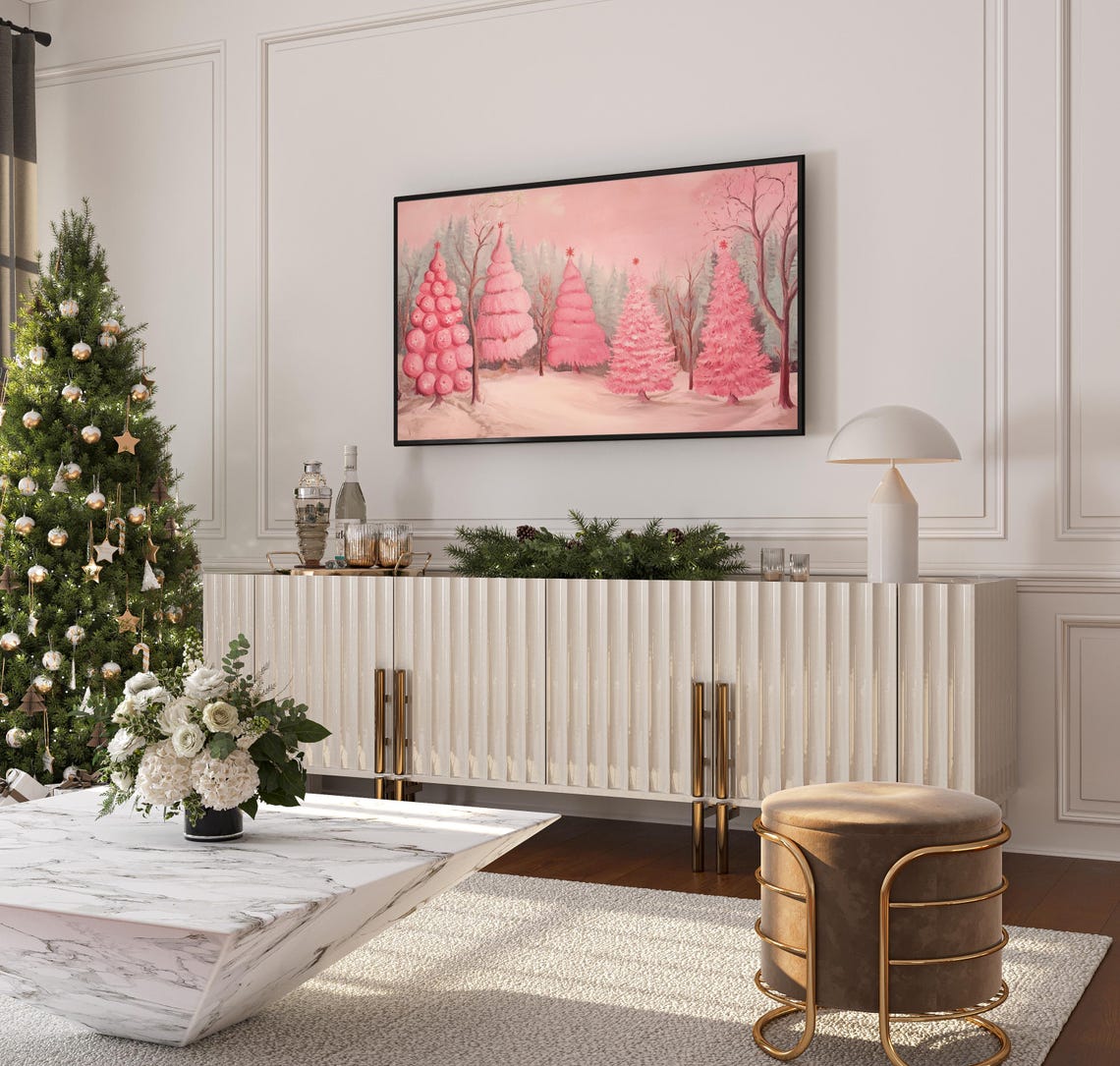 Whimsical Pink Christmas Trees Snowy Forest Star Toppers Poster - Image 3