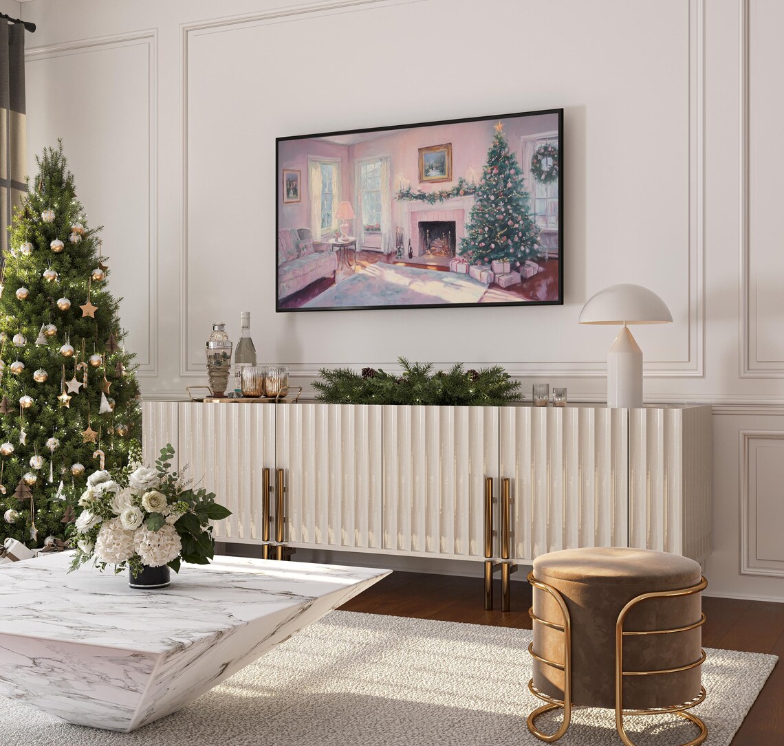 Pink Christmas Living Room Fireplace Painting Holiday Decor Art Print - Image 3