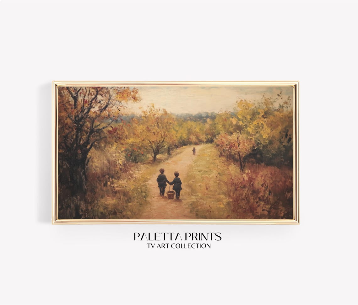 Two Children Walking Autumn Path Basket Nostalgic Fall Art Print