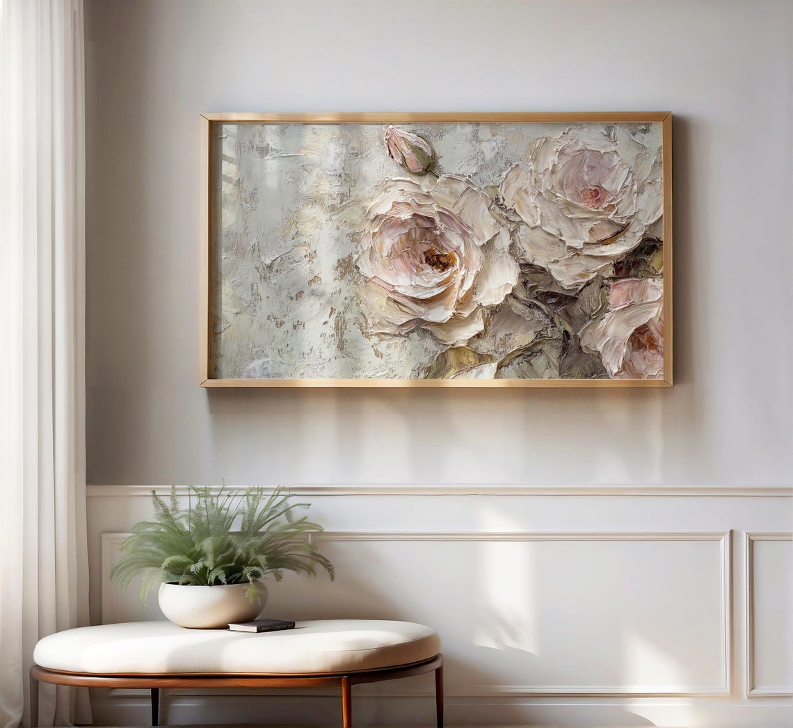 Soft Neutral Grey Pink Roses Impasto Bouquet Painting Art Poster - Image 2