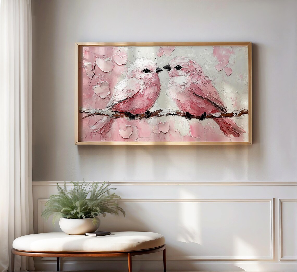 Two Pink Lovebirds Beak to Beak Impasto Branch Valentine Poster - Image 2