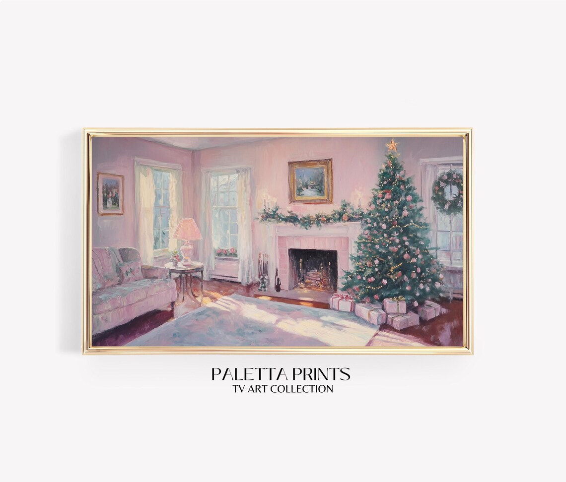 Pink Christmas Living Room Fireplace Painting Holiday Decor Art Print