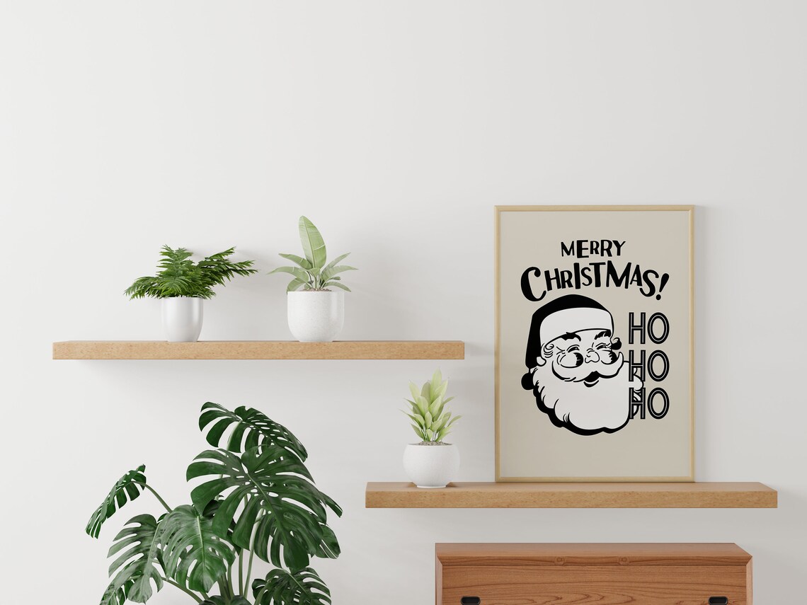Retro Santa Claus Merry Christmas Ho Ho Ho Quote Beige Wall Art - Image 3