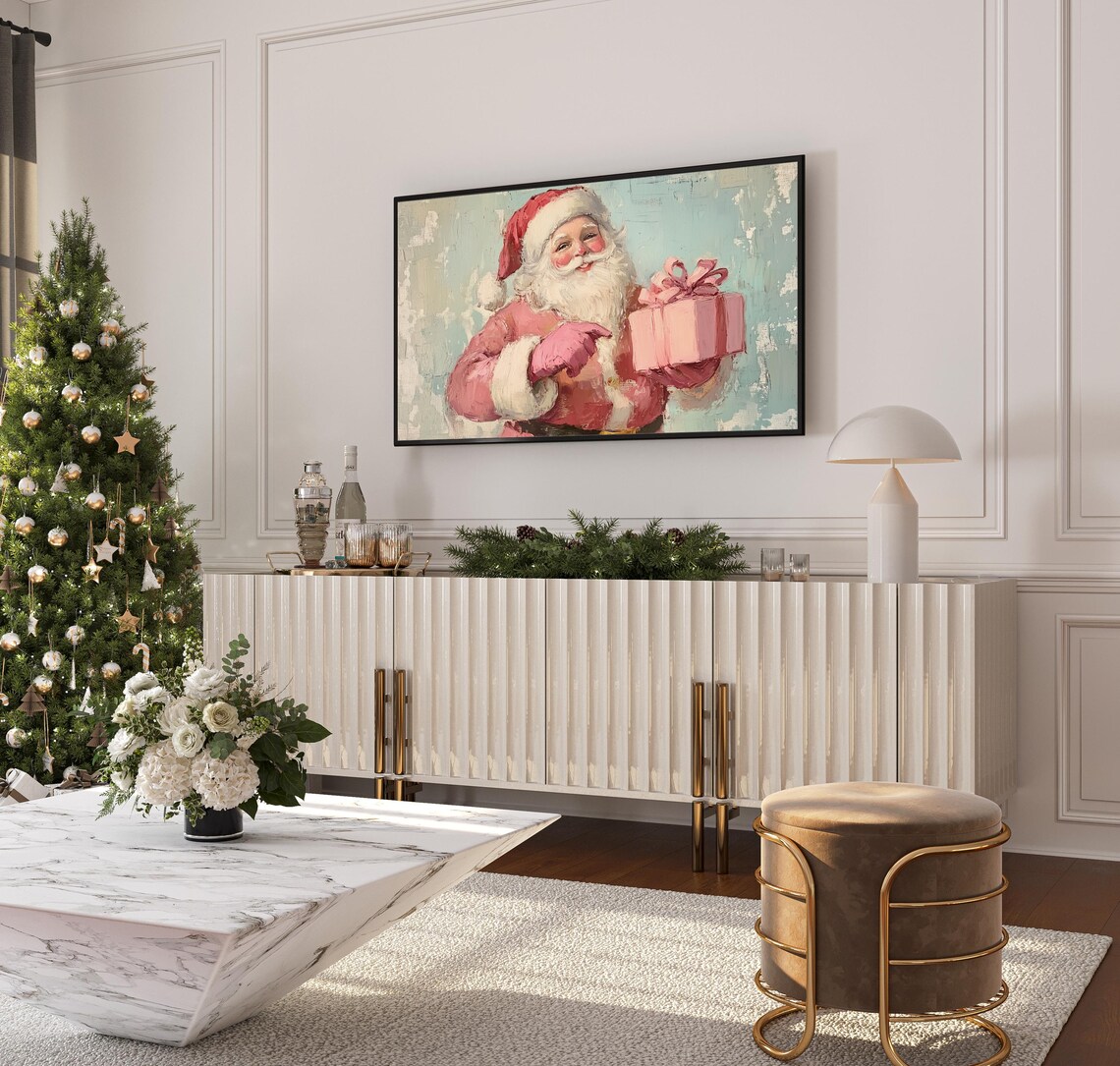 Vintage Pink Santa Claus Gift Box Festive Christmas Portrait Poster - Image 3