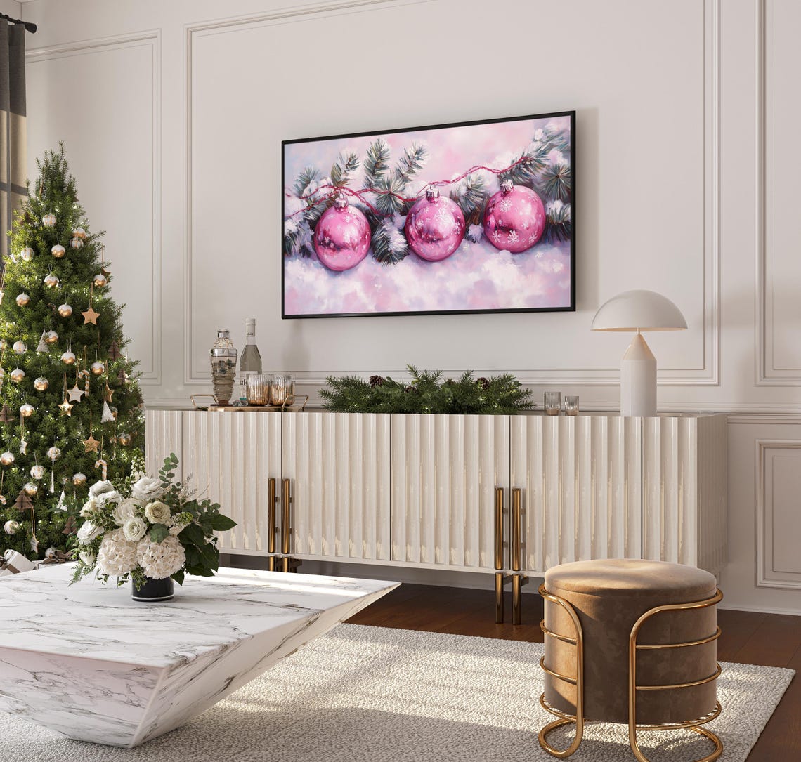 Pink Christmas Ornament Garland Painting Snowy Pine Branches Art Print - Image 3