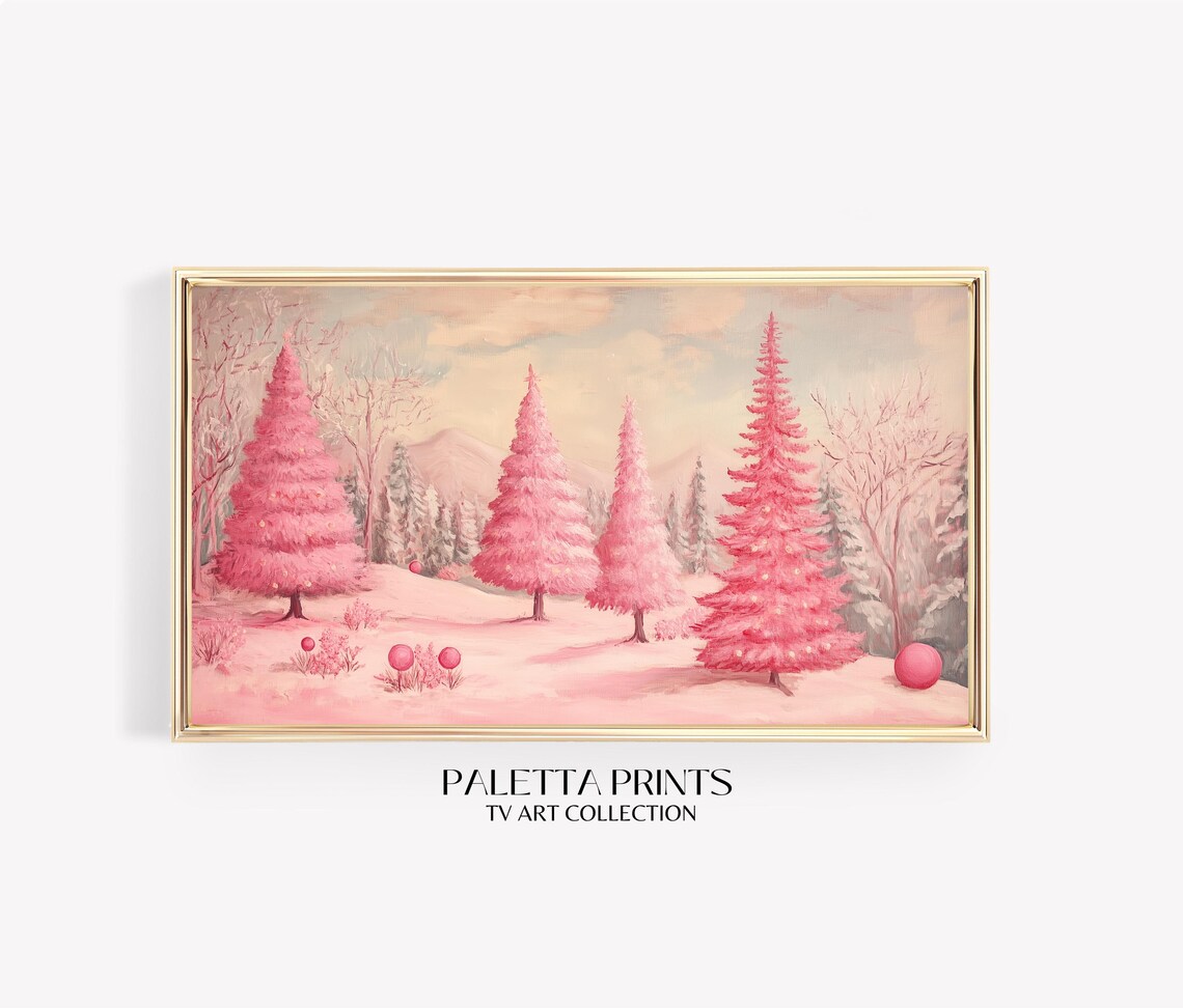 Pink Winter Wonderland Snowy Forest Christmas Trees Ornaments Art