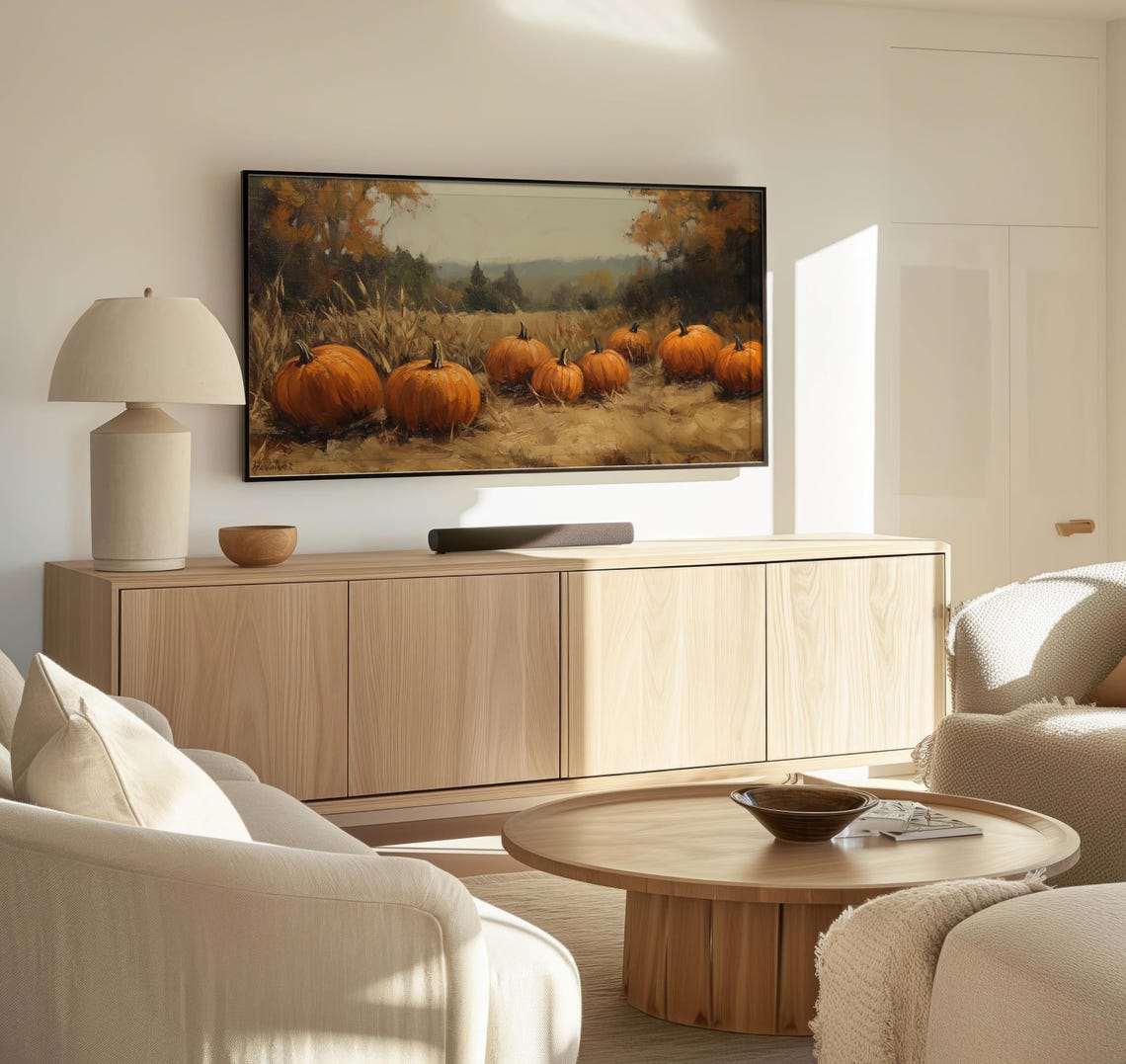 Golden Pumpkin Field Hills Autumn Trees Warm Harvest Landscape Poster - Image 3