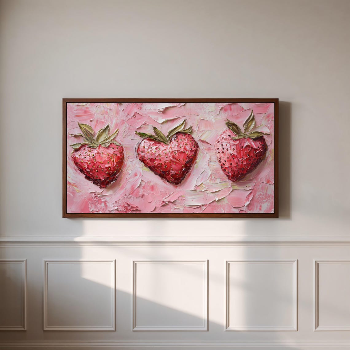Heart Shaped Strawberries Trio Pink Impasto Kitchen Art Poster - Image 3