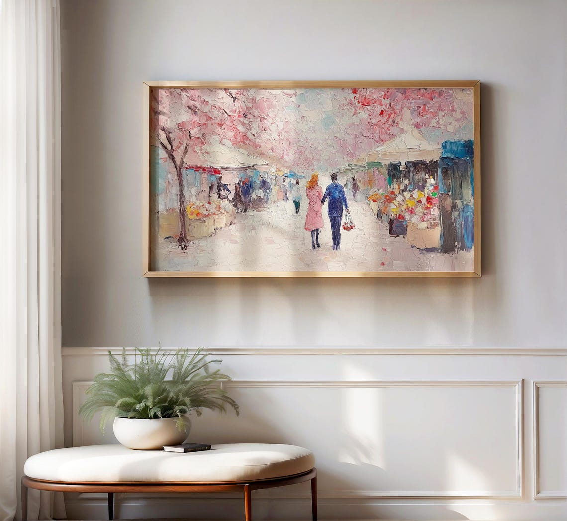 Spring Flower Market Couple Cherry Blossom Street Scene Art Poster - Image 2