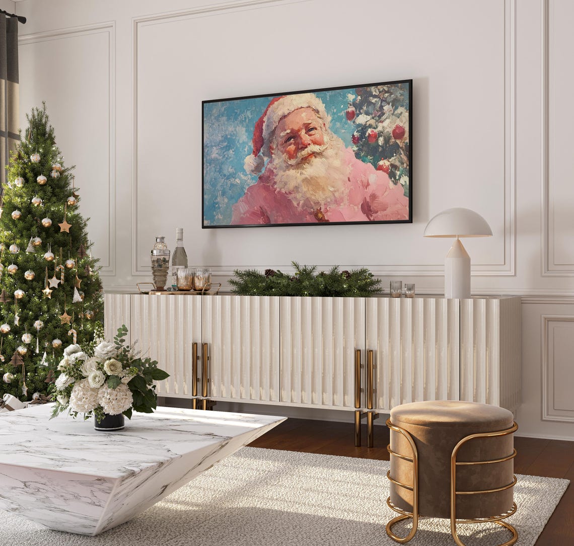 Classic Santa Claus Pink Coat Snowy Christmas Tree Portrait Poster - Image 3