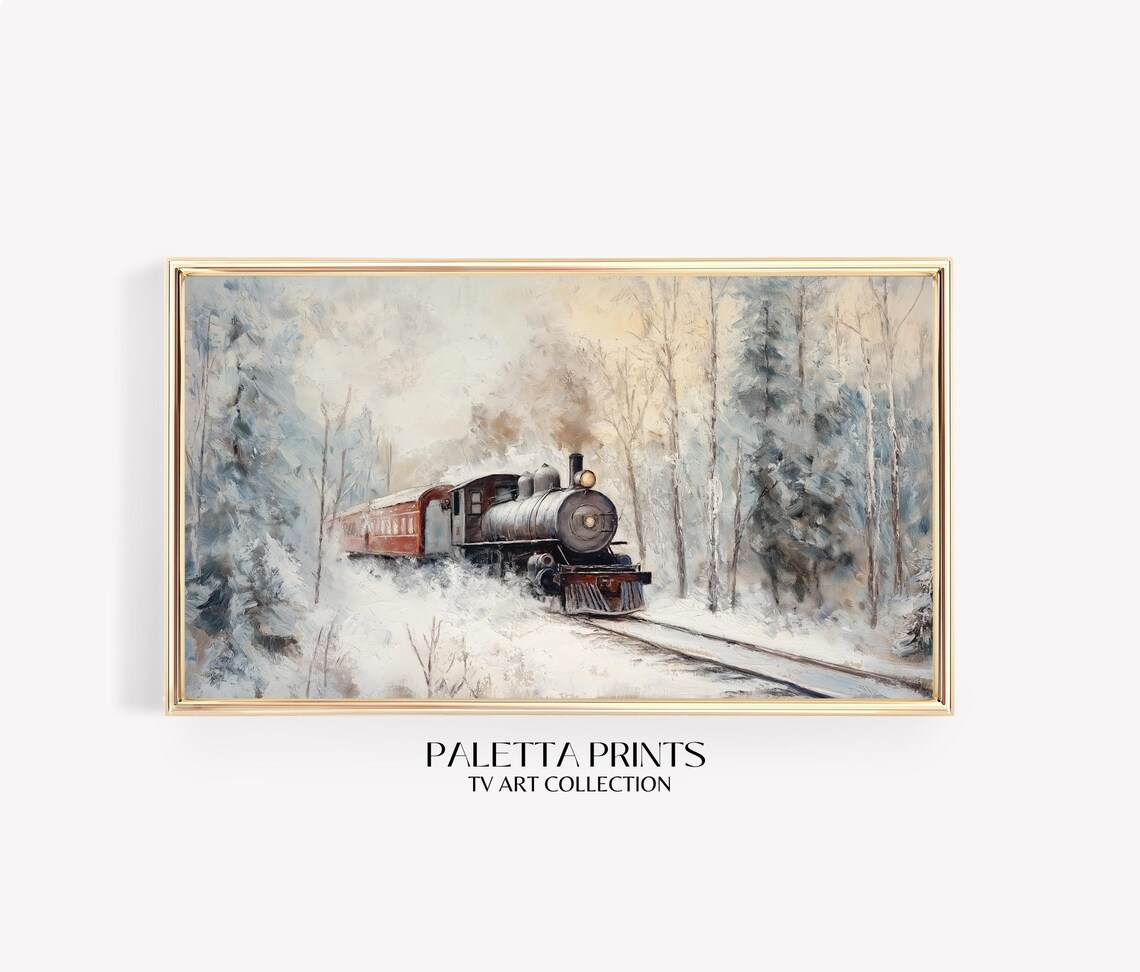Vintage Steam Locomotive Snowy Forest Winter Railroad Painting Poster
