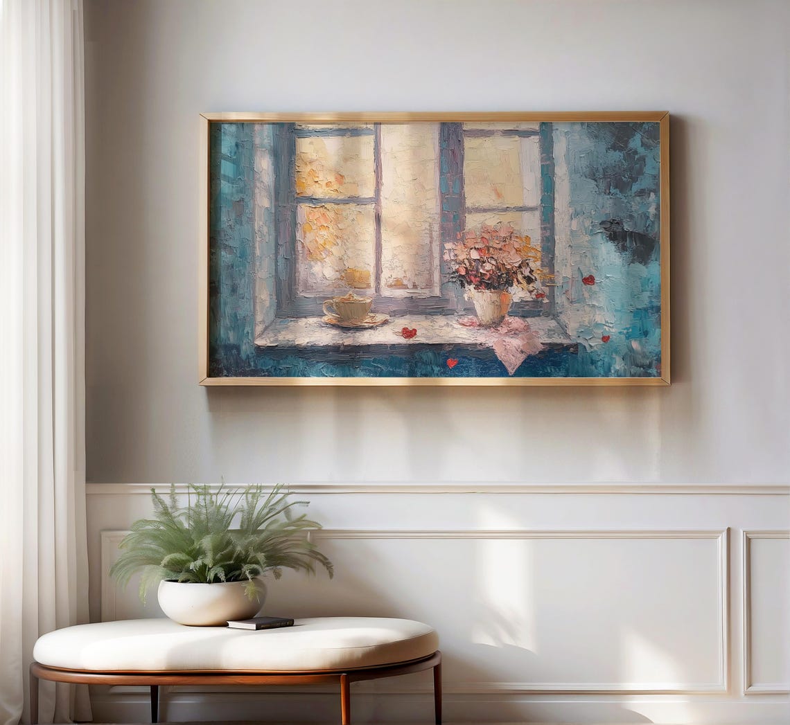 Cozy Blue Window Still Life Teacup Flowers Impressionist Poster - Image 2