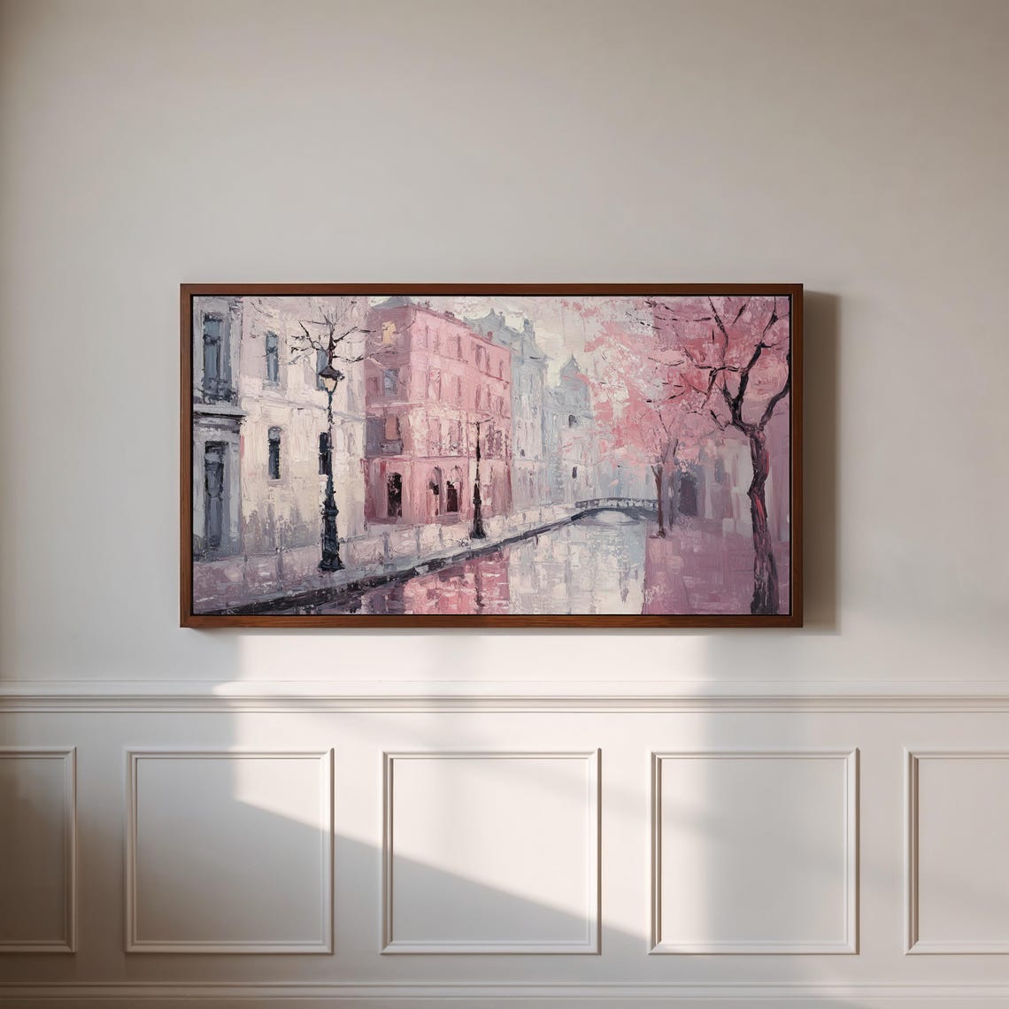 Pink Canal Cityscape Blossom Trees Romantic Street Art Poster - Image 3