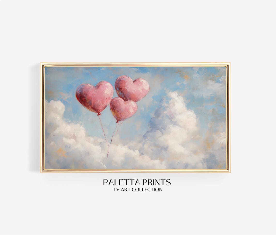 Pink Heart Balloons Floating in Blue Sky Cloudscape Art Poster