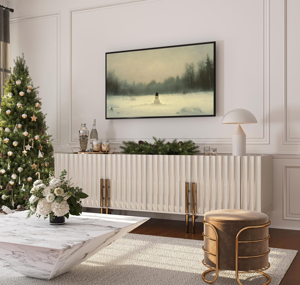 Minimalist Snowman Foggy Winter Field Serene Neutral Landscape Poster - Image 3