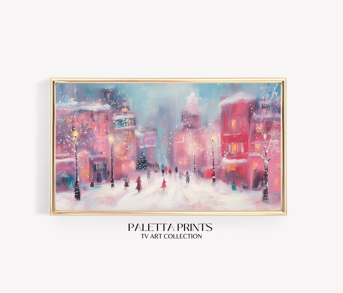 Impressionist Snowy City Street Pink Winter Snowfall Evening Art