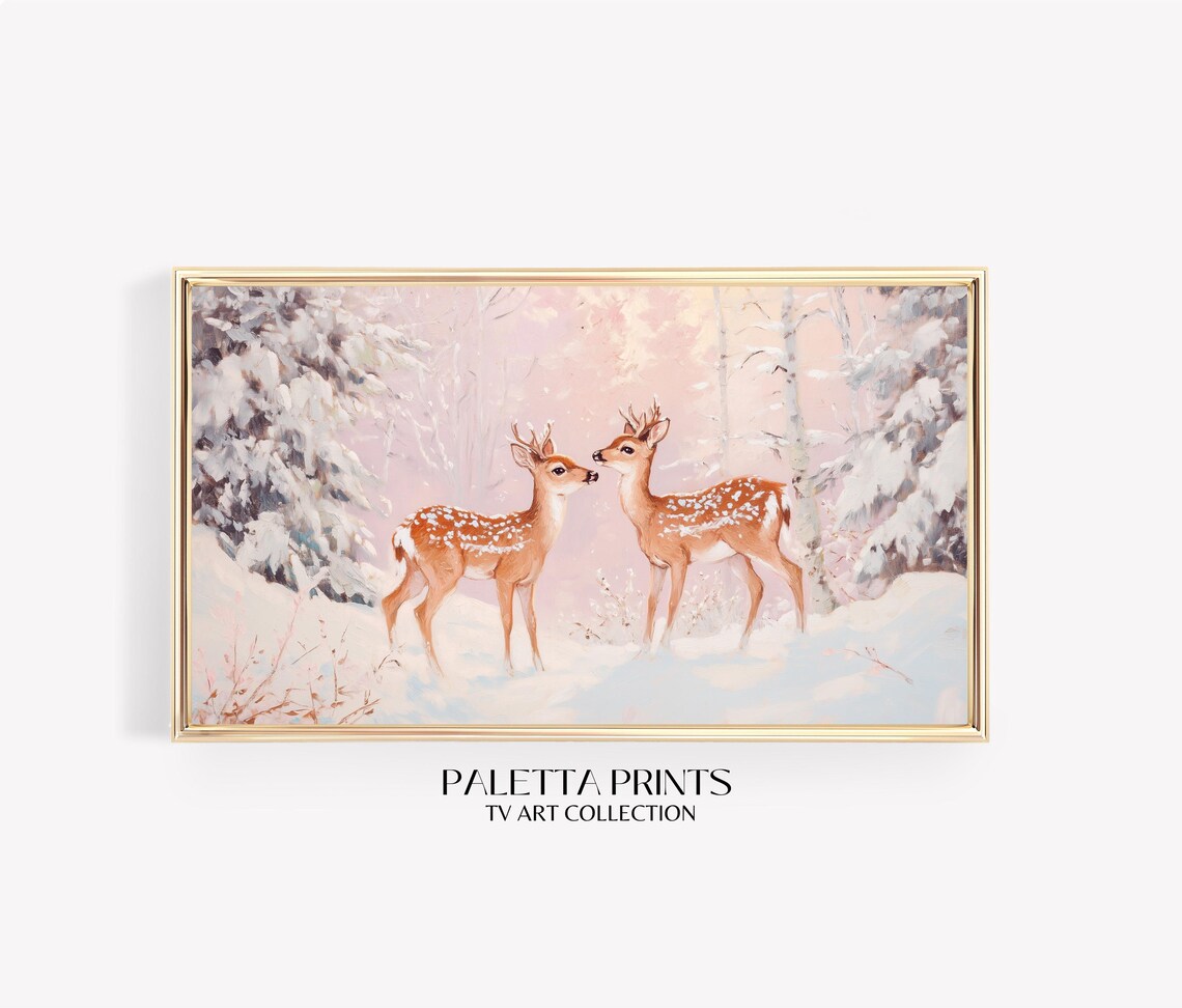 Two Spotted Fawns Snowy Winter Forest Pastel Wildlife Scene Poster