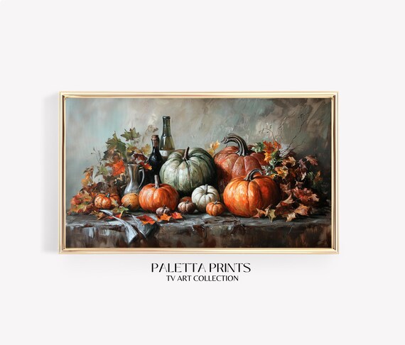 Vintage Harvest Still Life Pumpkins Wine Bottles Pitcher Autumn Poster