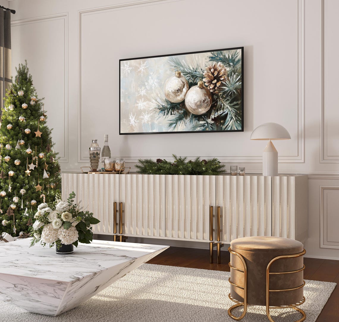 Frosted Silver Baubles Pinecone Christmas Snowflake Scene Art Poster - Image 3
