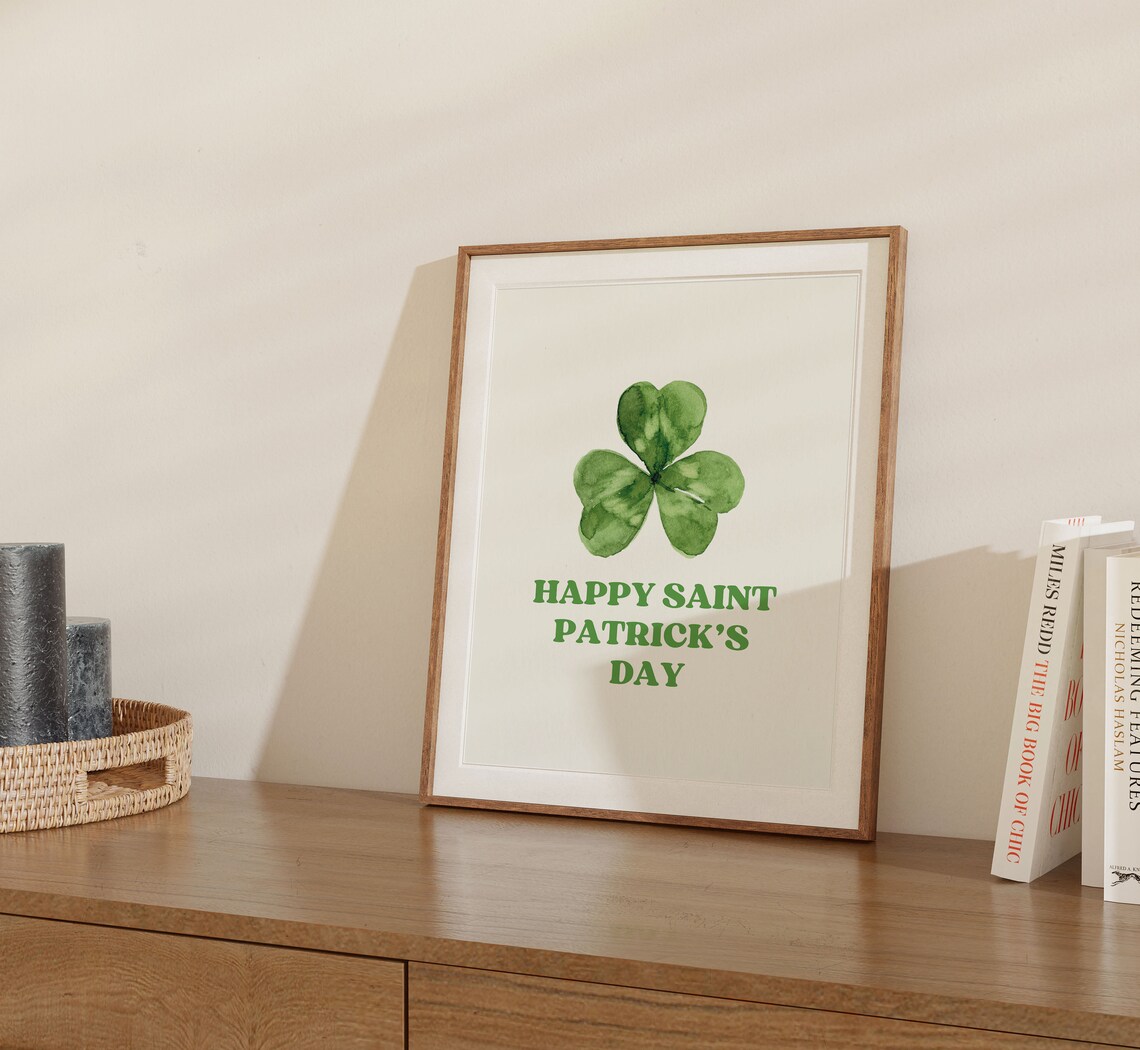 Happy Saint Patricks Day Watercolor Shamrock Green Quote Wall Art - Image 3