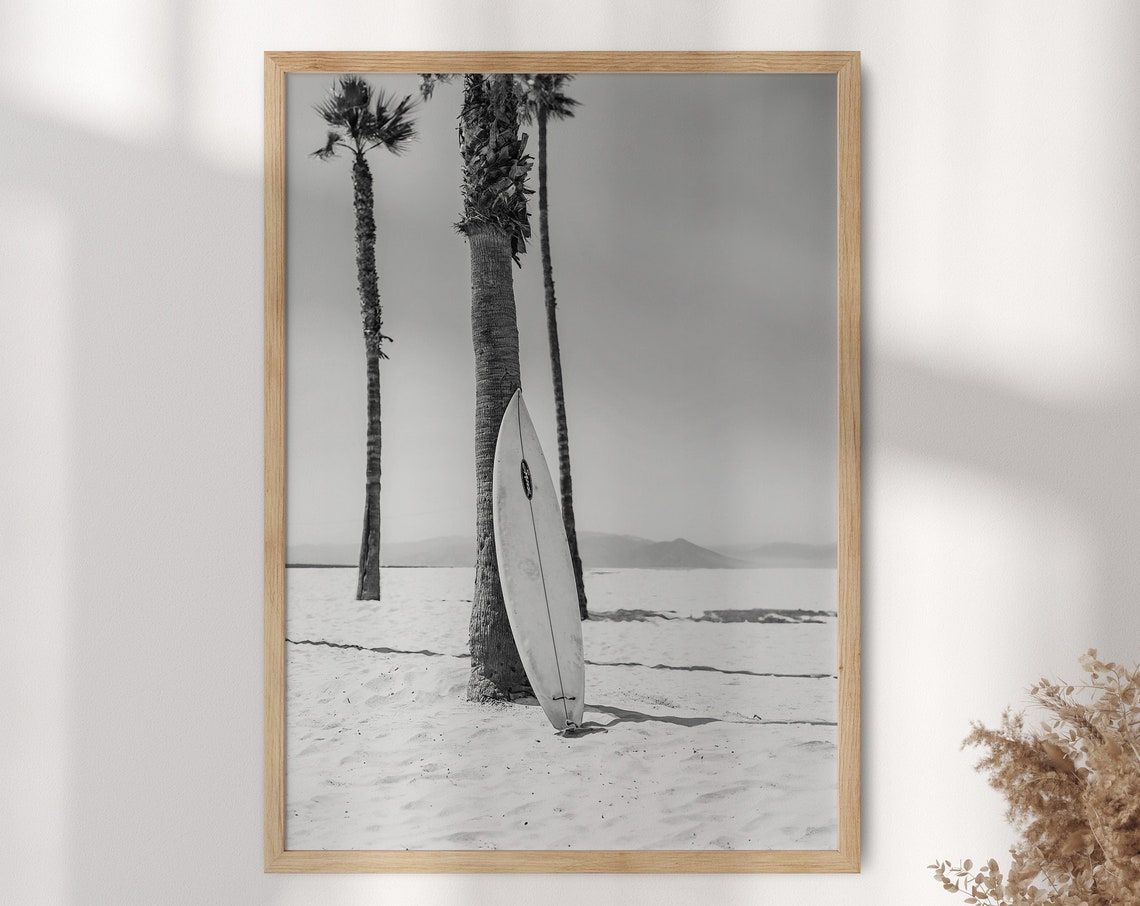 Black and White Surfboard Palm Tree Beach Photography Poster