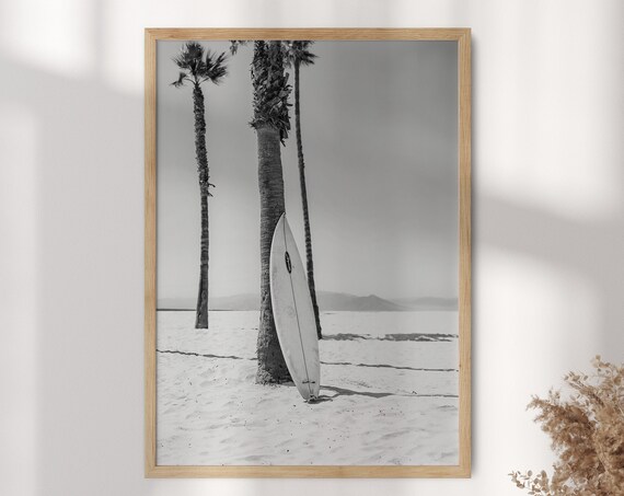 Black and White Surfboard Palm Tree Beach Photography Poster