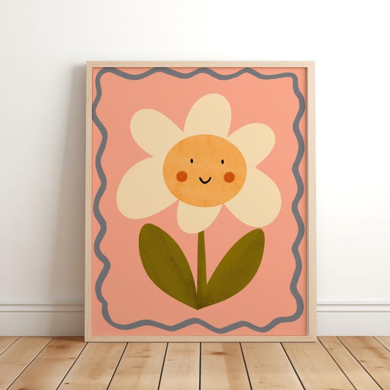 Smiley Flower Watercolor Illustration, Nursery Art Print