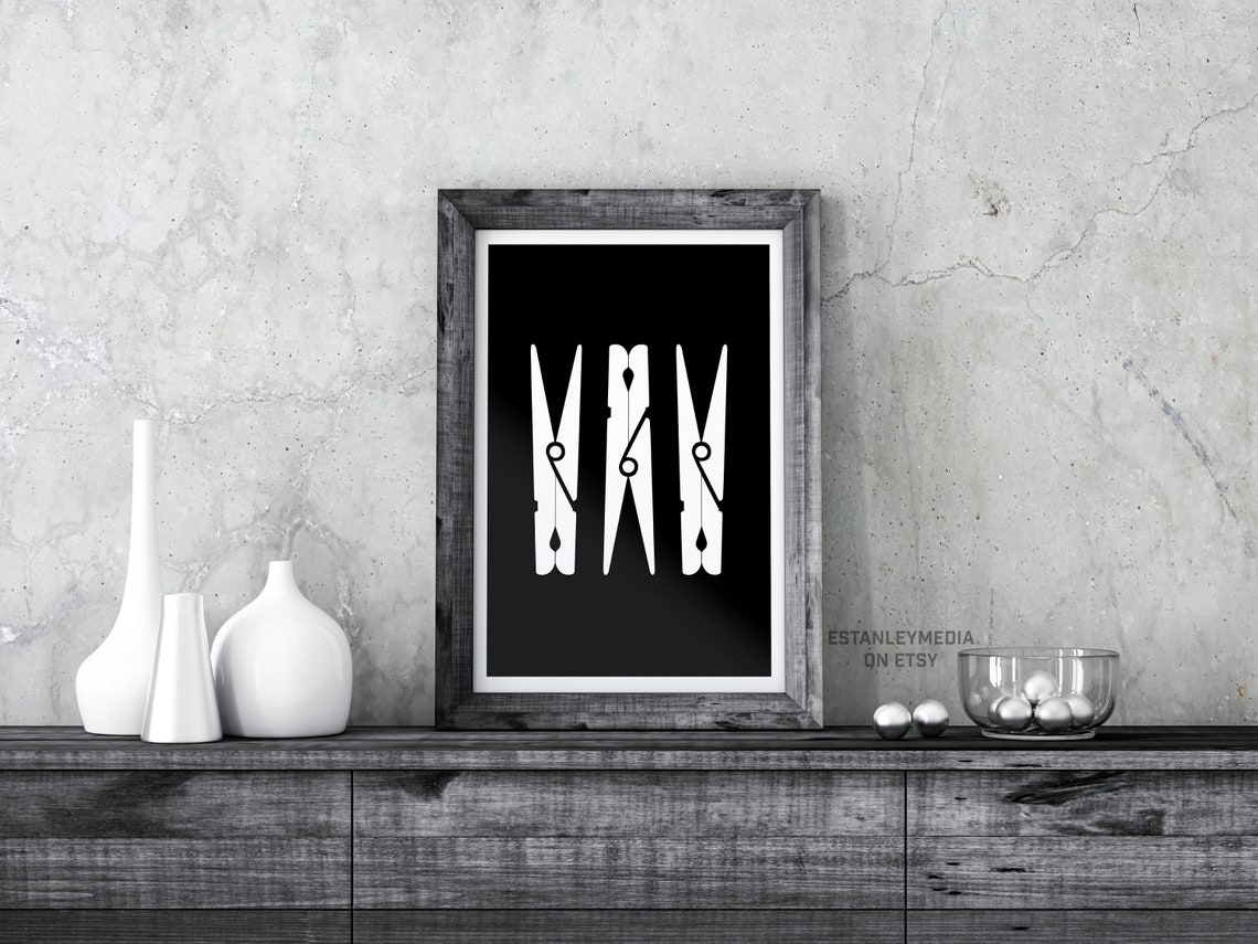 White Clothespins on Black Minimalist Laundry Room Art Poster - Image 2