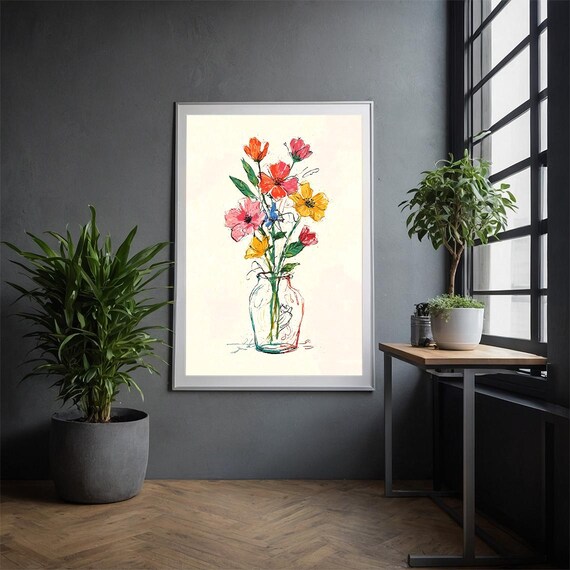 Colorful Flower Vase Art Print Modern Botanical Illustration