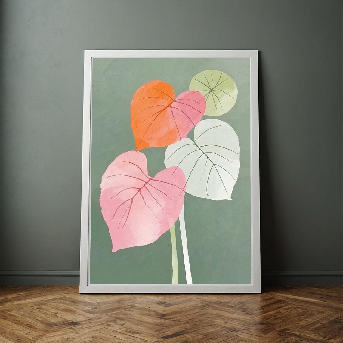 Abstract Heart-Shaped Leaves in Pink Orange Green Watercolor Poster