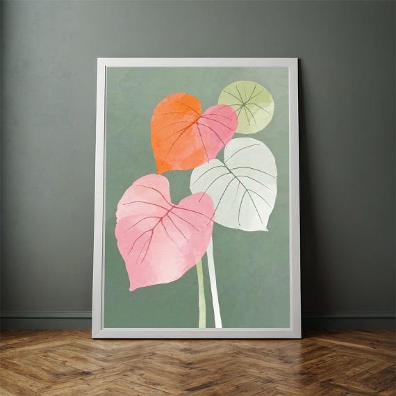 Abstract Botanical Watercolor Print Green And Pink Leaf Wall Art Modern