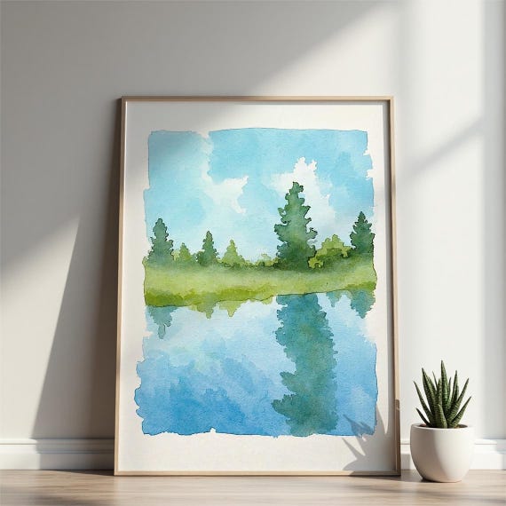 Watercolor Forest Print Pine Tree Lake Landscape Rustic Cabin Wall Art Nature Peaceful Scenery Painting