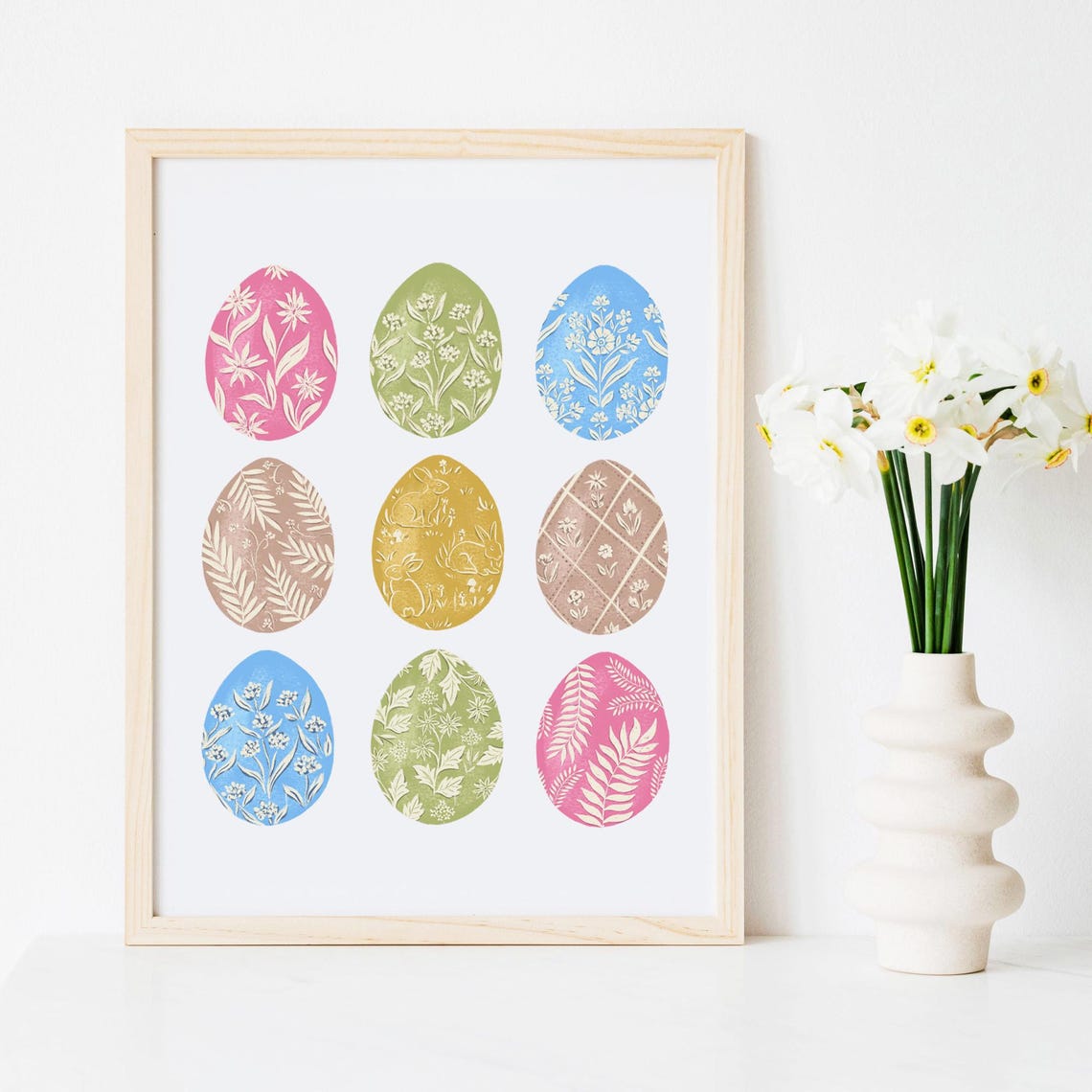Nine Pastel Decorated Easter Eggs in Grid Pattern Art Poster - Image 2