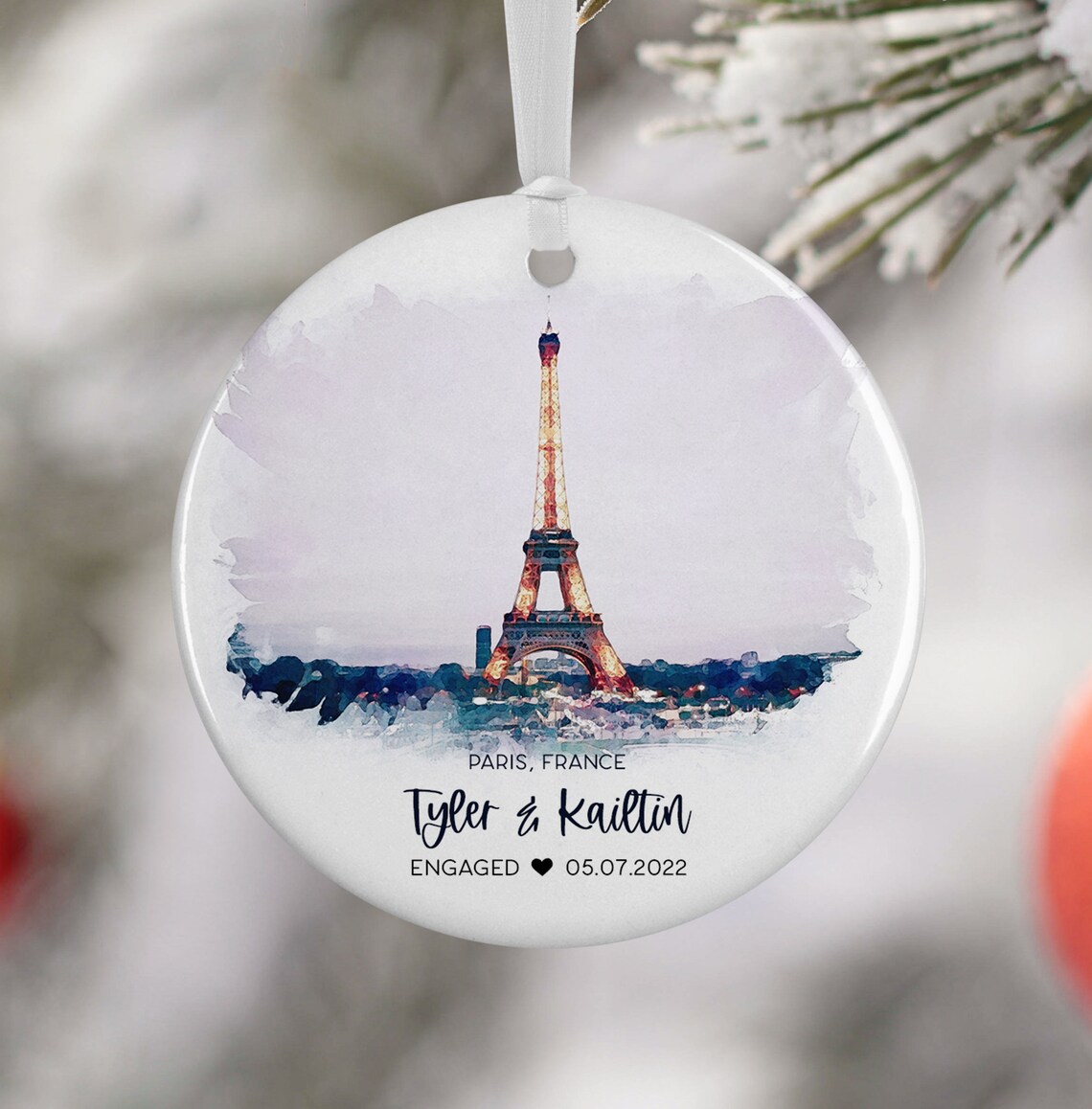 Paris Engagement Ornament, Eiffel Tower Travel Gift