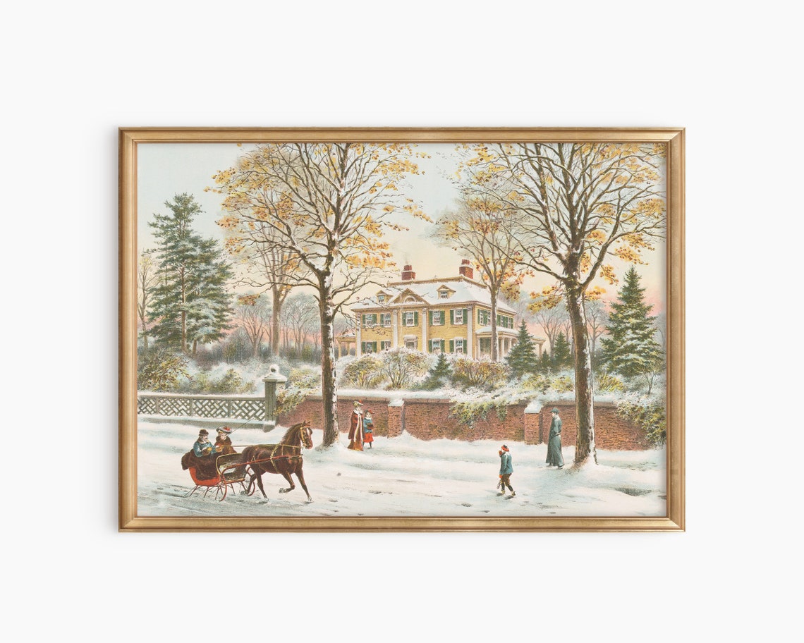 Christmas Village Painting Vintage Christmas Prints Holiday Village Art Retro Christmas Wall Art Antique Holiday Art Winter Landscape