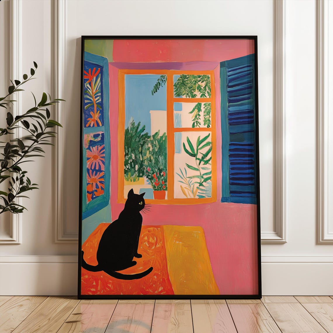 Matisse Style Black Cat at Colorful Open Window Interior Poster