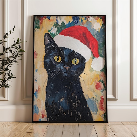 Black Cat Wearing Santa Hat Christmas Oil Painting Poster Decor