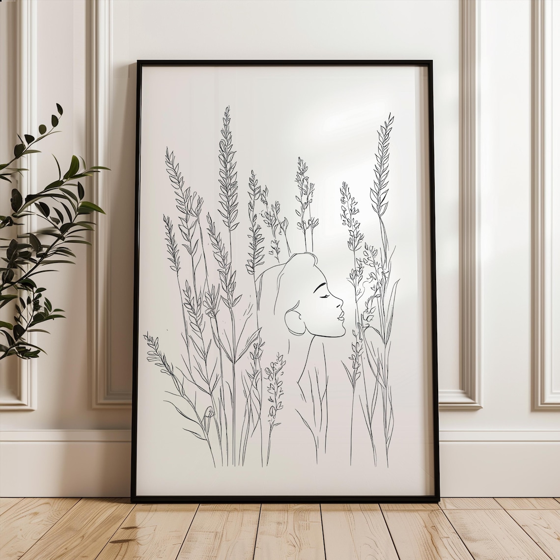 Minimalist Elegant Single Line Art Woman Among Wildflowers Poster