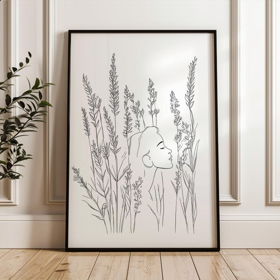 Floral Woman Single Line Poster Minimalistic Feminist Art Print Black And White Wall Decor Modern Home Office Decorationbotanical