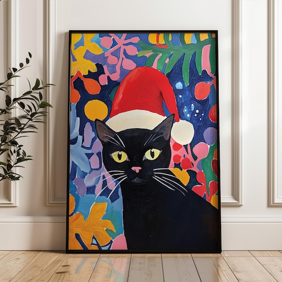 Black Cat In Red Santa Hat Folk Christmas Floral Painting Poster