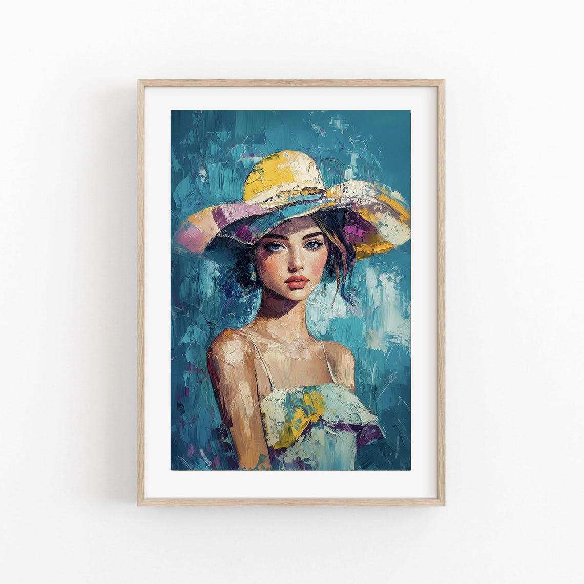 Vibrant Woman in Yellow Sunhat Teal Impressionist Portrait Art Poster