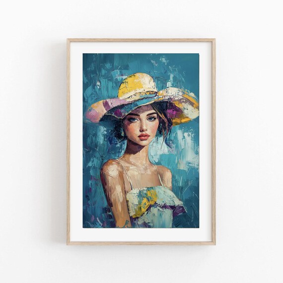 Vibrant Woman in Yellow Sunhat Teal Impressionist Portrait Art Poster